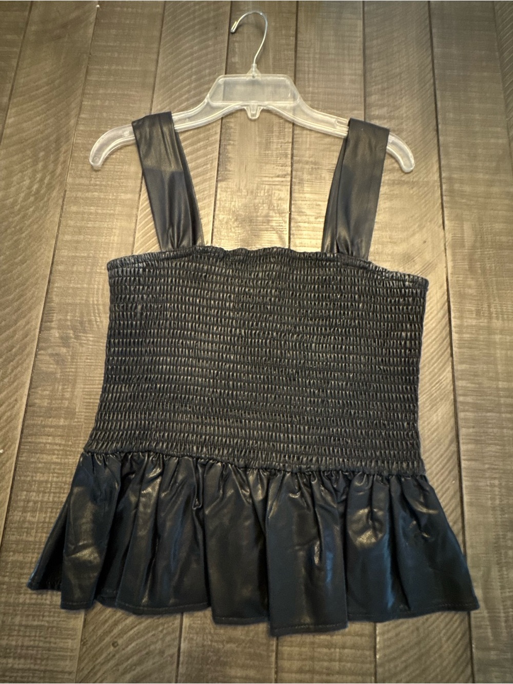 TCEC Black Smocked Faux-Leather Ruffle Hem Cami Top